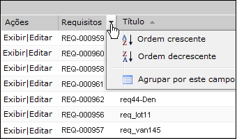 A figura mostra o menu de classificação para uma coluna em uma tabela da lista.