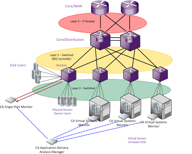 In this example, the CA Virtual Systems Monitor monitors the server-to-server traffic between VMs on the same ESX Host, while physical monitoring devices take SPAN data from physical switches.