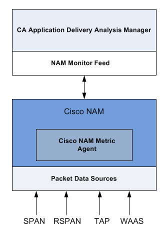 Shows how the Cisco NAM works as a monitoring device for CA Application Delivery Analysis.