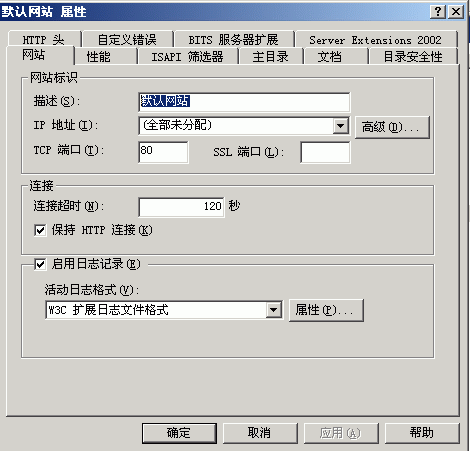 该“属性”窗口图像显示了配置日志记录用 IIS Web 服务器所需选择的必要选项。
