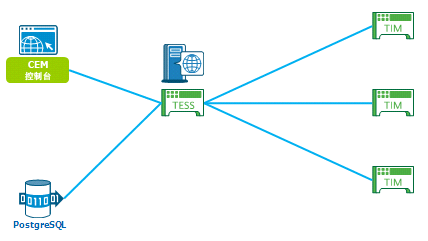 此图显示了现有的升级前仅 CA CEM 安装的体系结构。 TIM 连接到 TESS；TESS 使用 PostgreSQL；您可以使用 CEM 控制台访问 TESS 信息。