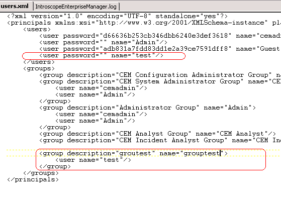 此屏幕截图显示一个已定义用户密码和组的 users.xml 文件示例。