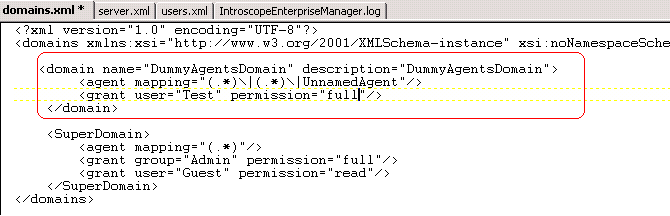 此屏幕截图显示一个已定义域的 domains.xml 示例。