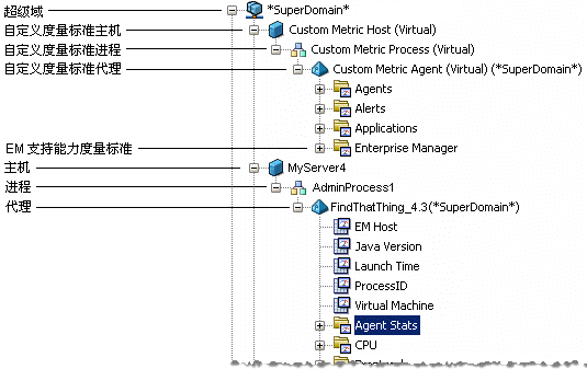 “度量标准浏览器”树的层次结构由上到下依次为“超级域”、“自定义度量标准主机”或“主机”。 “主机”下面依次是“进程”、“代理”以及一系列度量标准节点。
