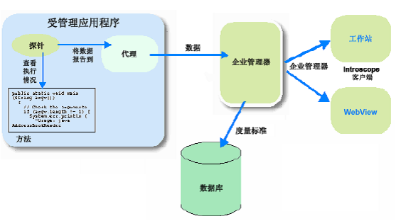 该图显示了受控应用程序上的代理如何向企业管理器报告数据,企业管理器会将这些数据作为度量标准报告给客户端(例如 Workstation)和数据库。