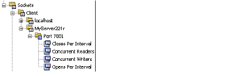 该图显示了“度量标准浏览器”树的 Sockets|Client|<Server_Name> 节点下的四个度量标准。