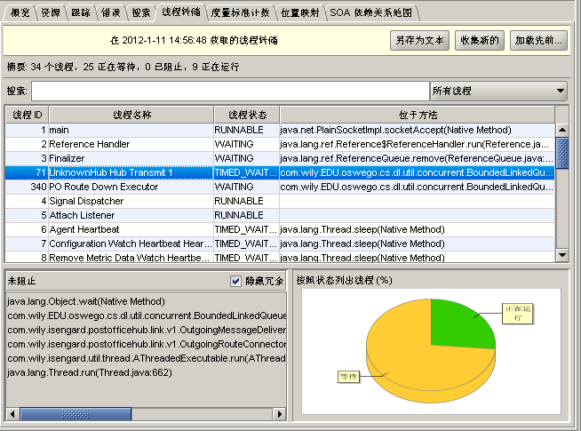 该图显示了使用最近线程转储的结果填充的“线程转储”选项卡，其中包括有关从结果中选择的线程之一的详细信息。