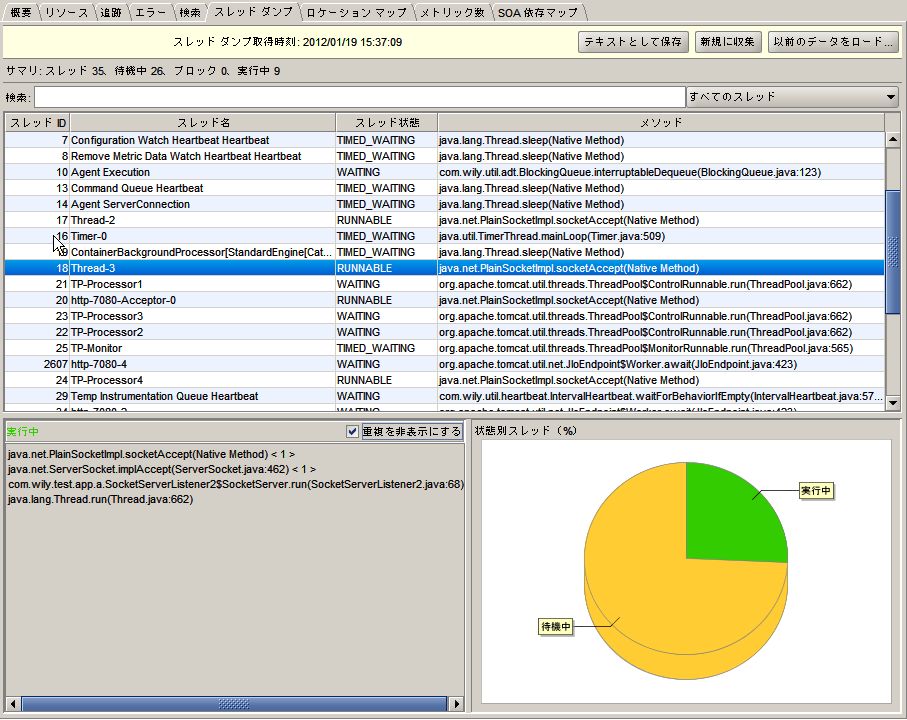 この図は、最新のスレッド ダンプの結果が表示された［スレッド ダンプ］タブを示しています。結果から選択されたスレッドのうちの 1 つに関する詳細情報が含まれます。