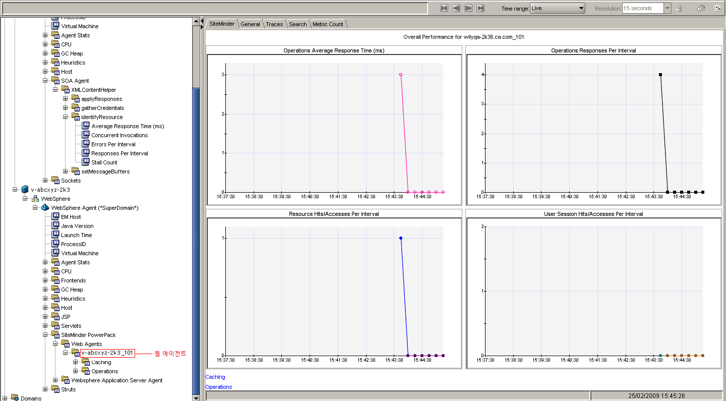 이 그림에서는 SiteMinder 웹 에이전트에 대한 메트릭을 보여 줍니다.