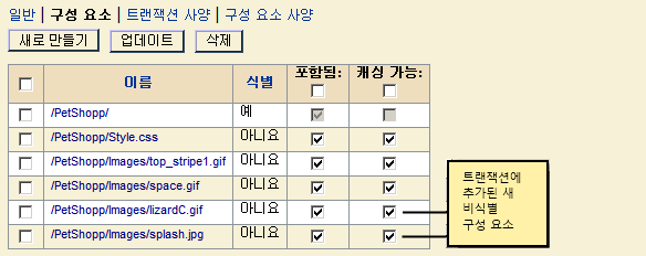 모니터링 기간 후 두 개의 새 구성 요소(lizardC.gif 및 splash.jpg)가 비식별 구성 요소 목록에 추가됩니다.