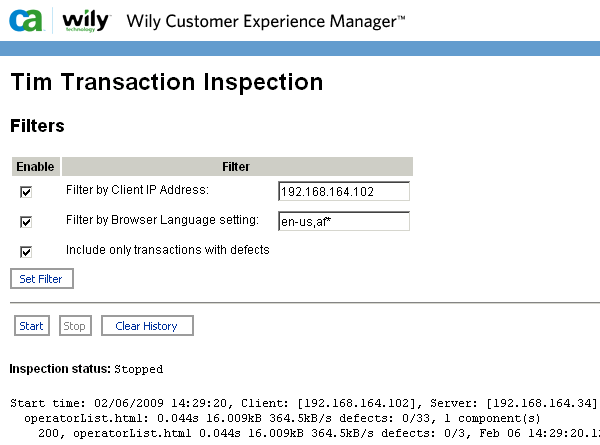 "TIM 트랜잭션 검사" 페이지에는 "by Client IP Address"(클라이언트 IP 주소별), "by Browser Language setting"(브라우저 언어 설정별) 및 "Includ only transactions with defects"(결함이 있는 트랜잭션만 포함)의 세 가지 필터가 포함되어 있습니다.