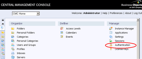 Authentication option under the Manage column of the Central Management Console