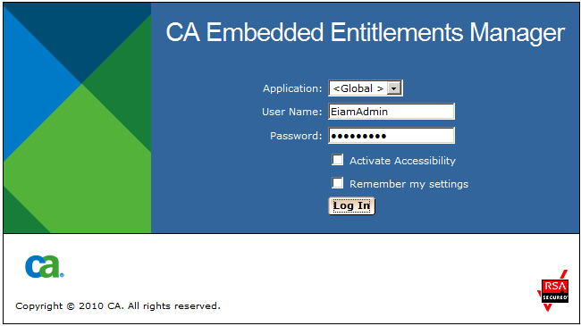 This graphic is a screenshot of CA EEM Log In page