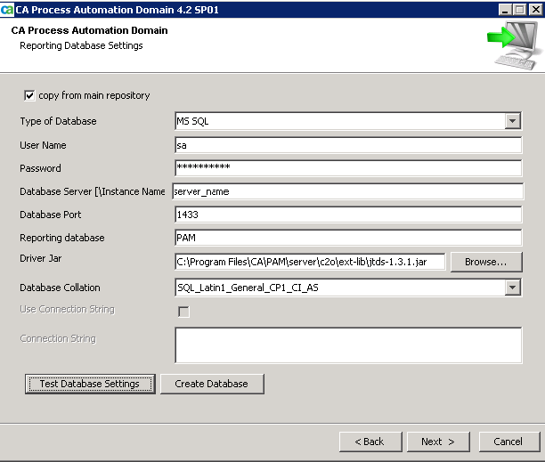 PAM Reporting Database Settings