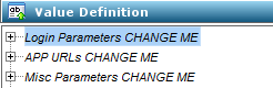 The graphic shows the folders avaialble in the Value Definition Pane with Login Parameters CHANGE ME highlighted.