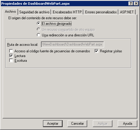 DashboardWebPart.aspx Properties