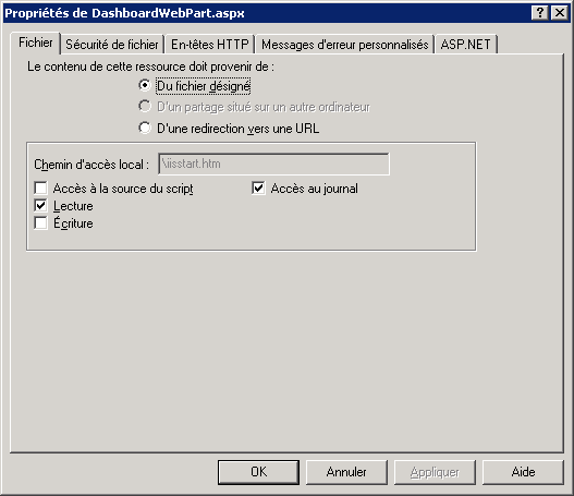 DashboardWebPart.aspx Properties