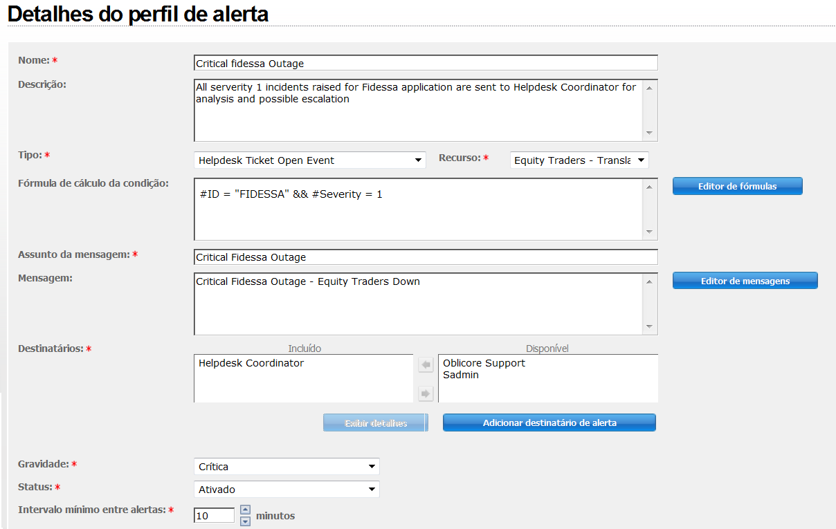 Página Detalhes do perfil de alerta