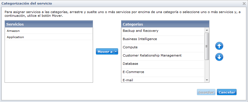 Cuadro de diálogo Categorización del servicio
