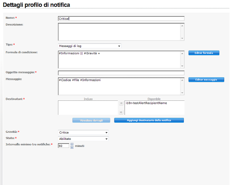 Pagina Dettagli profilo di notifica