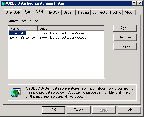 ODBC Data Source Administrator System DSN dialog