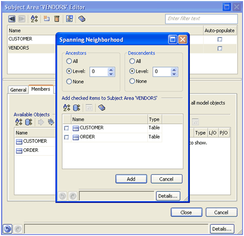Spanning Neighborhood Dialog on the Members Tab in the Subject Area Editor