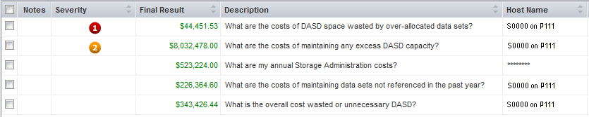 This illustration is a cut-out of the Current Analysis object table, showing one severity one scenario and one severity three scnenario.