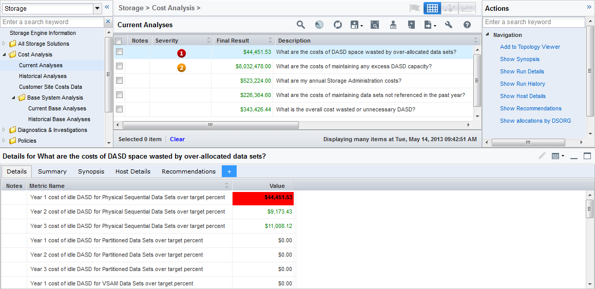 This illustration shows the Current Analysis object table with the Actions pane and Details pane displayed when the scenario "What are the costs of DASD space wasted by over-allocated data sets" is selected.