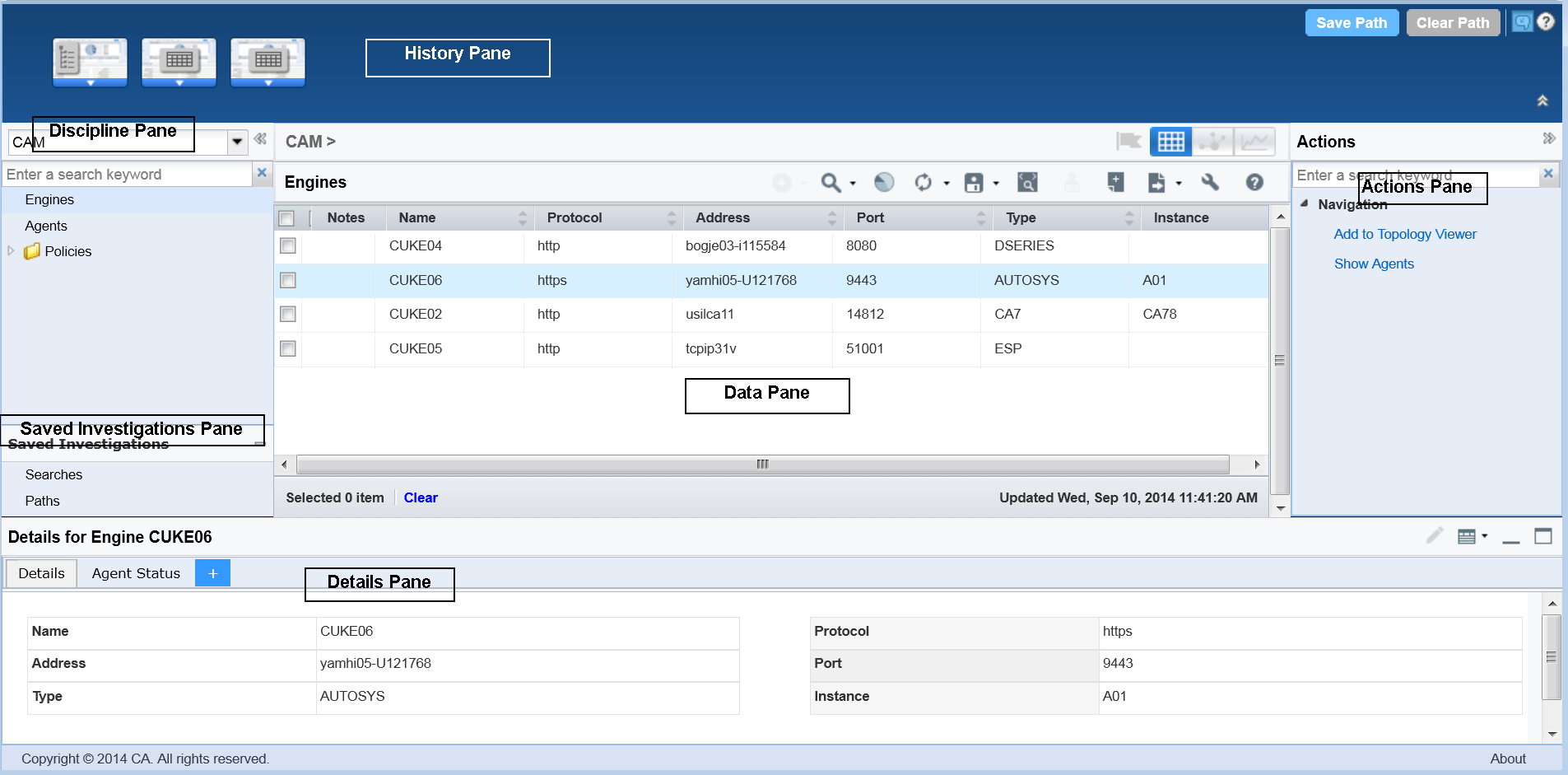 This image describes the panes of the Investigator window.