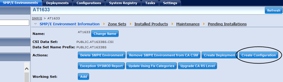 This picture shows the Create Configuration button available from the SMP/E Environment Information tab.
