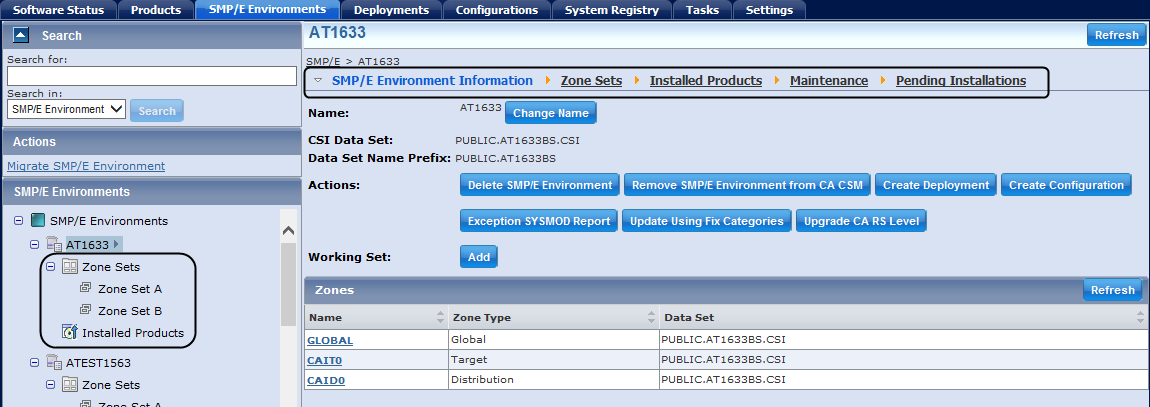 This picture shows the updated layout of the SMP/E Environments tab.