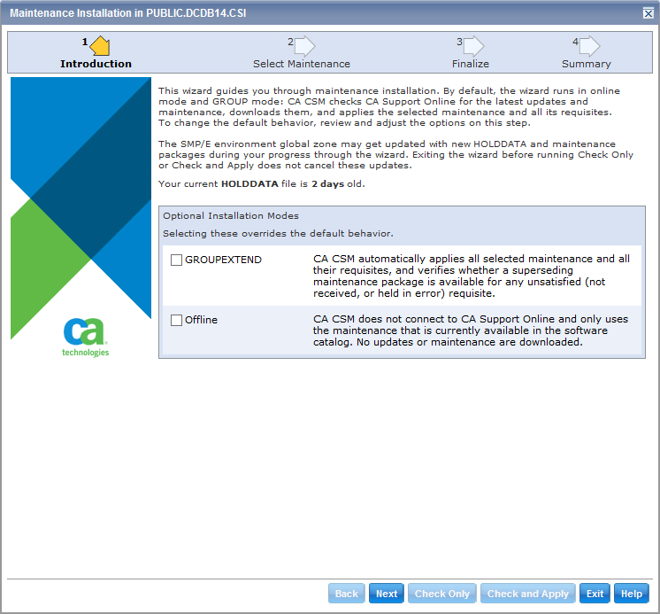 This picture shows the first step of the maintenance wizard.
