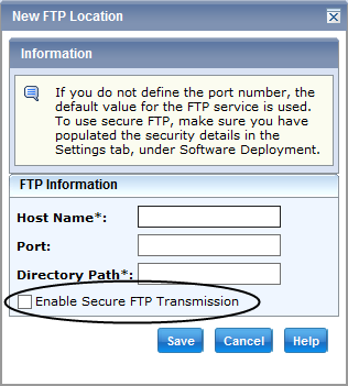 This picture shows the dialog for creating an FTP location with the secure FTP option.
