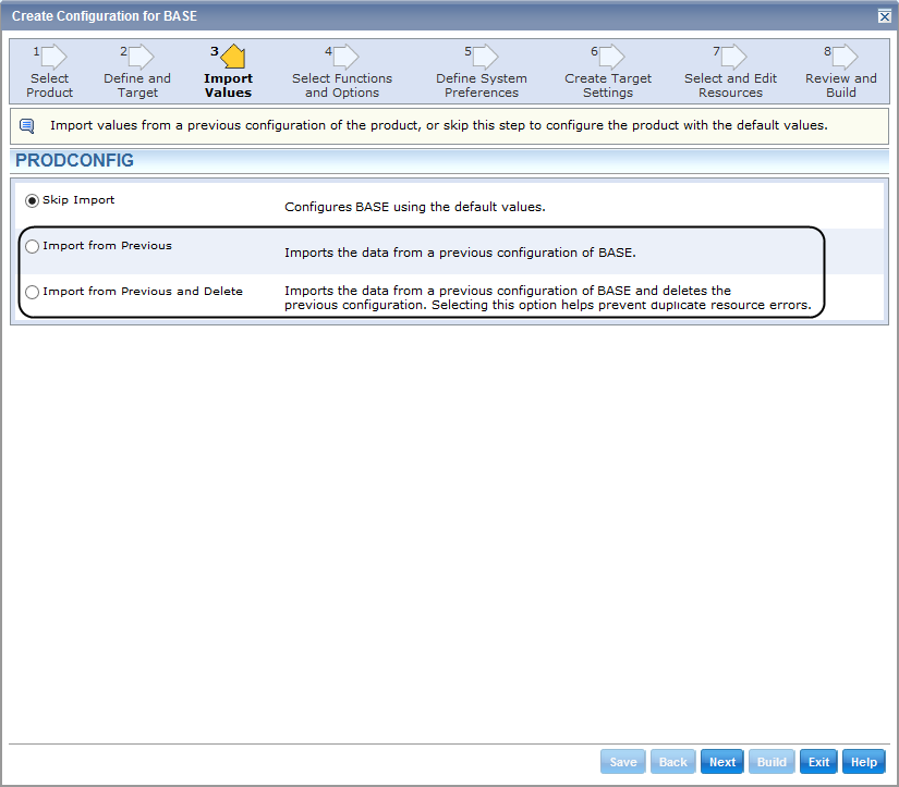 This picture shows configuration import options in the configuration wizard.