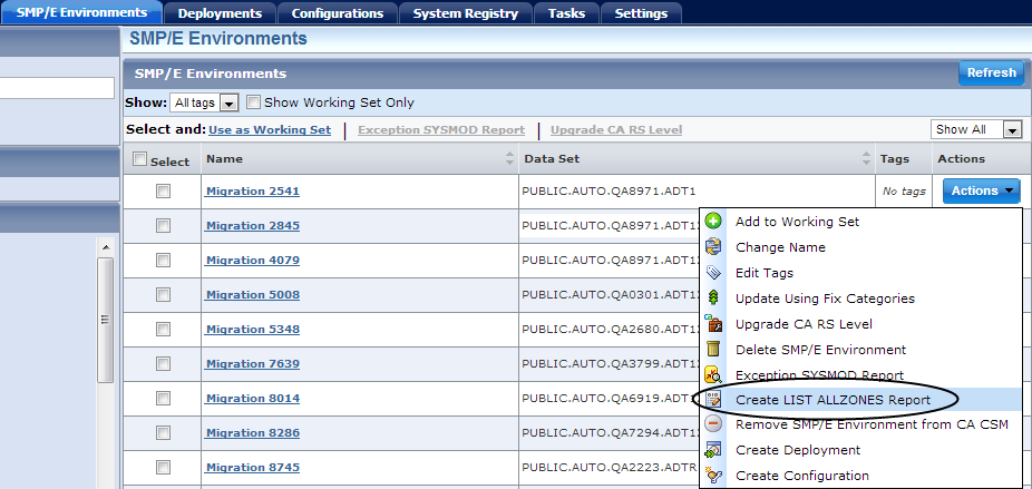 This picture shows the menu option that lets you generate a LIST ALLZONES report for an SMP/E environment.