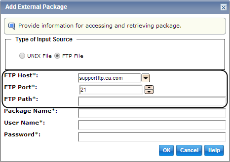 This picture shows the dialog for adding an external installation package via FTP.