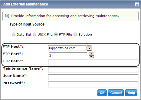 This picture shows the dialog for adding an external maintenance package via FTP.