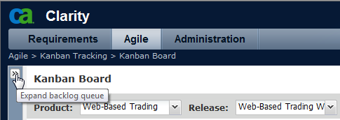 The figure displays the Expand backlog queue button on the Kanban Board