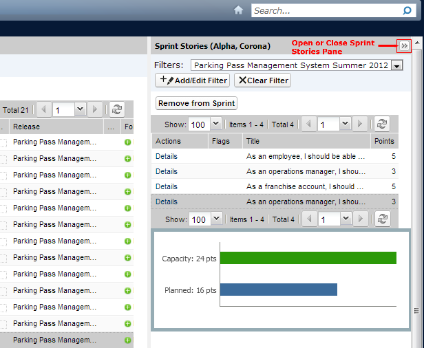 The figure shows the Sprint Stories Pane and Velocity Chart