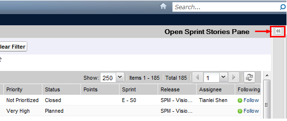 The figure shows the Open Sprint Stories Pane button.