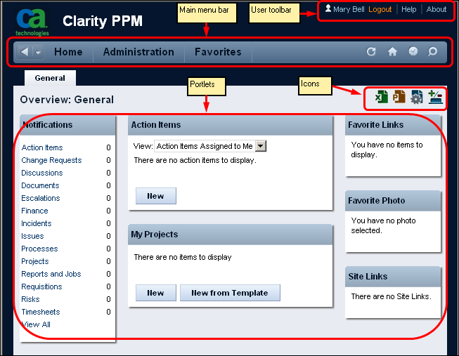 The figure shows the default Clarity home page.