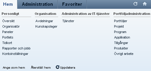 Följande illustration visar Hem-menyn i expanderat läge.