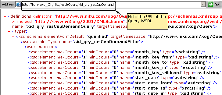 Ilustrates the WDSL for the Query and points to the WDSL URL.