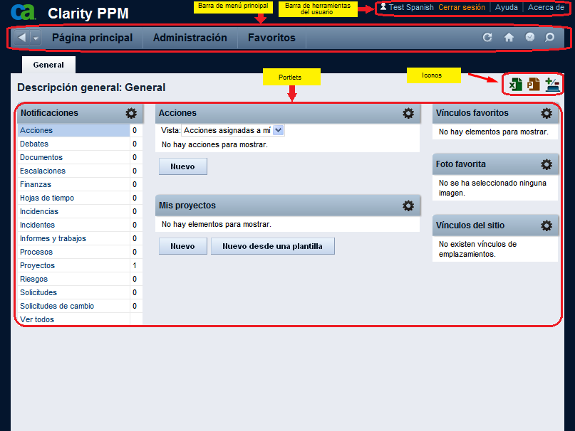 La figura muestra la página principal predeterminada de Clarity.