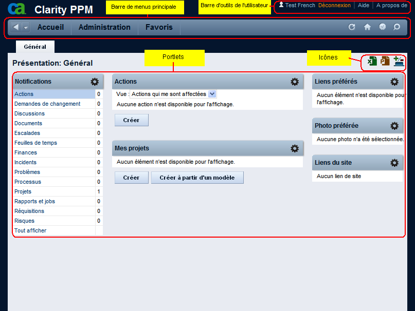 Cette illustration présente la page d'accueil par défaut de Clarity.