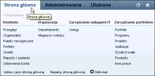 Ilustracja przedstawia rozwinięte menu Strona główna.