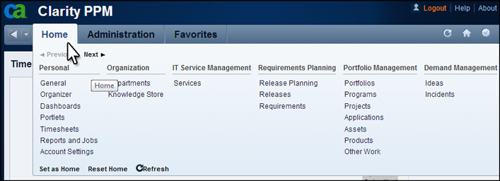 The graphic shows the expanded Home menu.