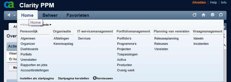 In de afbeelding wordt het uitgevouwen menu Home weergegeven.