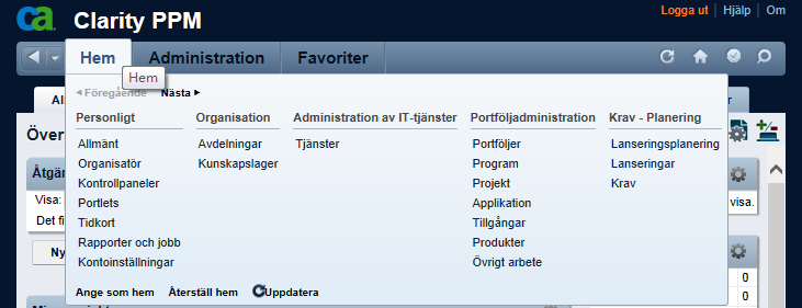Denna bild visar den expanderade Hem-menyn.