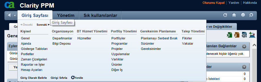 Grafik genişletilmiş Ana Sayfası menüsünü göstermektedir.